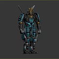 Samurai Themed Robot With Golden Helmet Blue Luminous Armor And Dual Swords