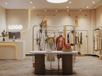 Elegant Clothing Store Interior With Beige Walls Clothing Racks Mannequins And Plants 3d model
