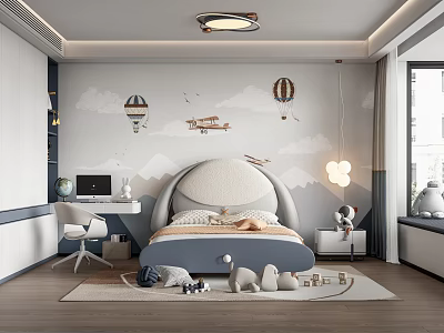 Kids Room Interior With Arched Bed Cloud Wall Hot Air Balloon Decor Desk And Toys 3d model