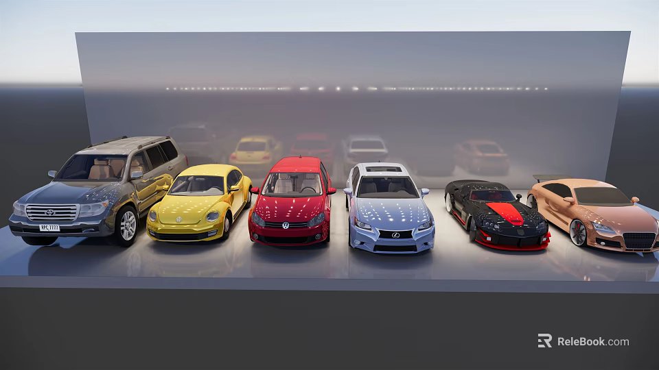 Various Colorful Car Models Of Different Types Displayed In A Row 3d model 