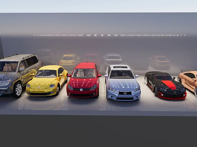 Various Colorful Car Models Of Different Types Displayed In A Row 3d model