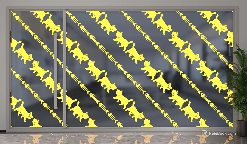 Glass Room Divider With Yellow Cat Patterns And Diagonal Stripes Design 3d model 