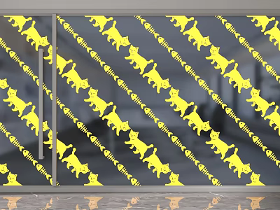 Glass Room Divider With Yellow Cat Patterns And Diagonal Stripes Design 3d model