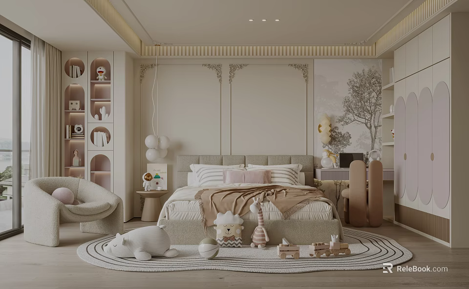 Cozy Kids Room Interior With Soft Bed Stuffed Toys Bookshelves And Decorative Rug 3d model 