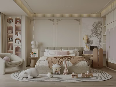 Cozy Kids Room Interior With Soft Bed Stuffed Toys Bookshelves And Decorative Rug 3d model