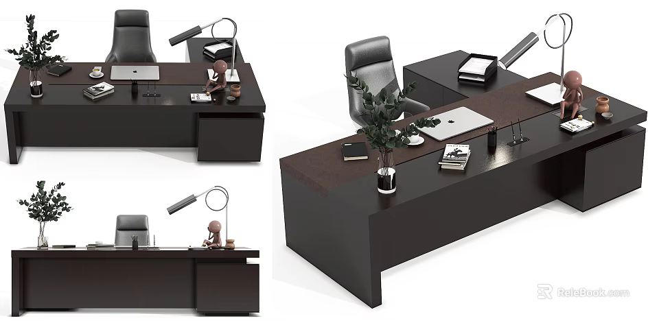 Dark Wooden Office Desk With Office Chair Laptop Books And Potted Plant 3d model 