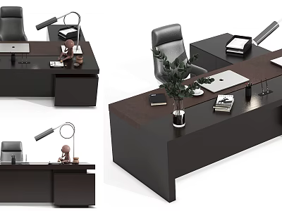 Dark Wooden Office Desk With Office Chair Laptop Books And Potted Plant 3d model