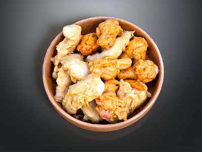 Homemade Golden Crispy Fried Chicken Pieces in Wooden Bowl 3d model