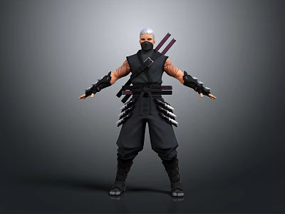 3D Rendered Ninja Character With White Hair Black Outfit And Swords On Back Standing Pose 3d model