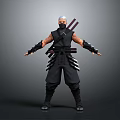 3D Rendered Ninja Character With White Hair Black Outfit And Swords On Back Standing Pose