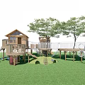 Outdoor Wooden Playground Equipment With Treehouse Slides Platforms And Stairs On Green Grass
