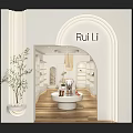 Modern Boutique With White Curved Shelves Round Display Table Shoes Decorations Wooden Flooring Bright Lights