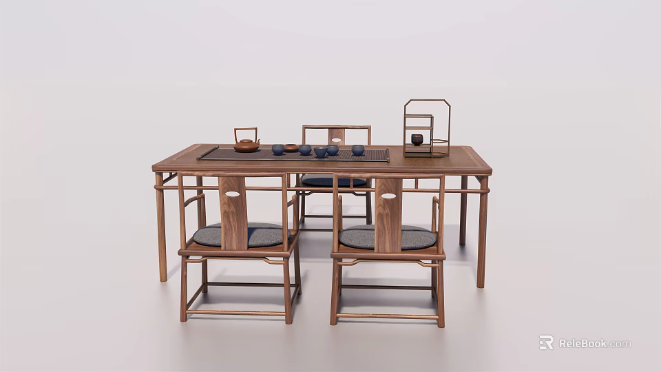 Traditional Wooden Tea Table And Chairs With Tea Set And Teacups 3d model 