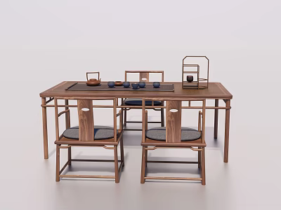 Traditional Wooden Tea Table And Chairs With Tea Set And Teacups 3d model