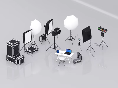 Professional Commercial Photography Equipment Setup With Softboxes Lights Tripods Laptop And Cases 3d model