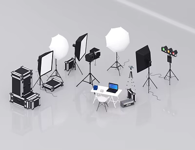Professional Commercial Photography Equipment Setup With Softboxes Lights Tripods Laptop And Cases 3d model
