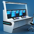 Modern White Desk Workstation With Multiple Monitors Ergonomic Chair And Control Panel 3d model