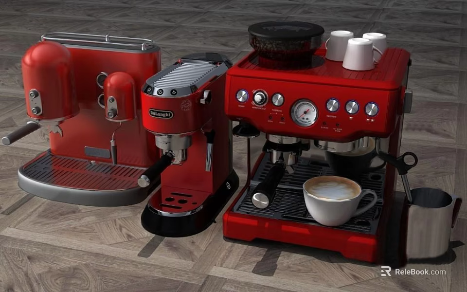 Red Retro Style Kitchen Appliances With Coffee Maker And Coffee Cup 3d model 