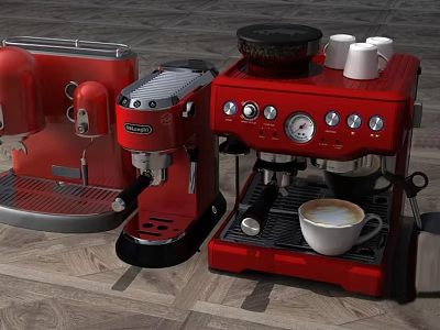 Red Retro Style Kitchen Appliances With Coffee Maker And Coffee Cup 3d model