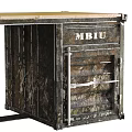 Vintage Industrial Style Desk with Wooden Top and Metal Frame and Drawer Featuring MBIU Label