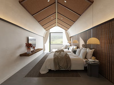 Hotel Room Interior Design With Bamboo Ceiling Pendant Lights And King Size Bed 3d model