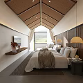 Hotel Room Interior Design With Bamboo Ceiling Pendant Lights And King Size Bed