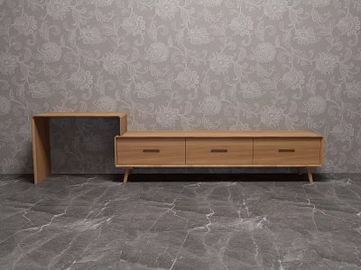 Wooden TV Stand With Three Drawers And Matching Side Table On Floral Wallpaper Marble Floor 3d model