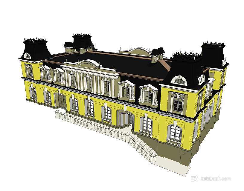 Twin Villa European Style Architecture With Yellow Exterior Black Roof And Windows Steps Railing 3d model 