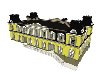 Twin Villa European Style Architecture With Yellow Exterior Black Roof And Windows Steps Railing 3d model