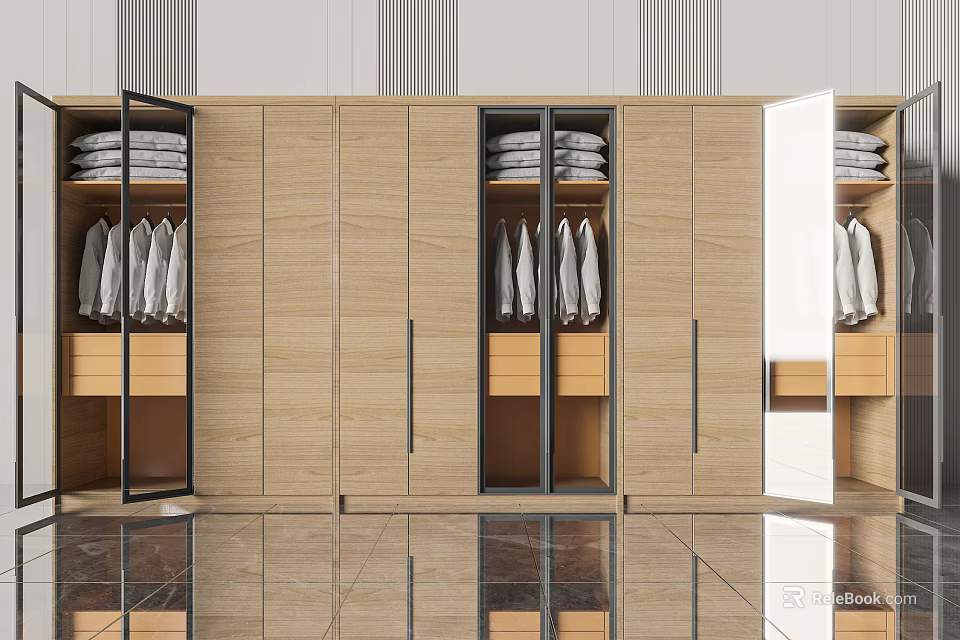 Modern Wooden Wardrobe Interior With Open Doors Hanging Clothes And Drawers 3d model 