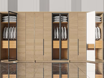 Modern Wooden Wardrobe Interior With Open Doors Hanging Clothes And Drawers 3d model