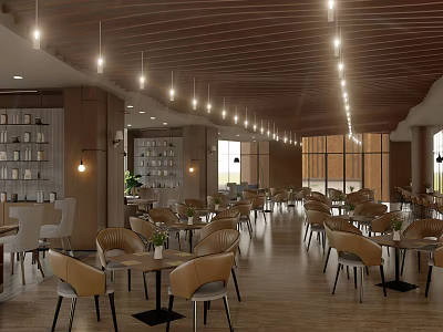 Modern Café Interior With Wooden Ceiling Pendant Lights Bookshelves And Large Windows 3d model