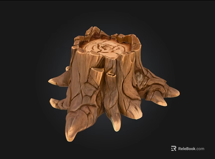 Handcrafted Wood and Stone Stump Decor with Intricate Carvings and Natural Texture 3d model 