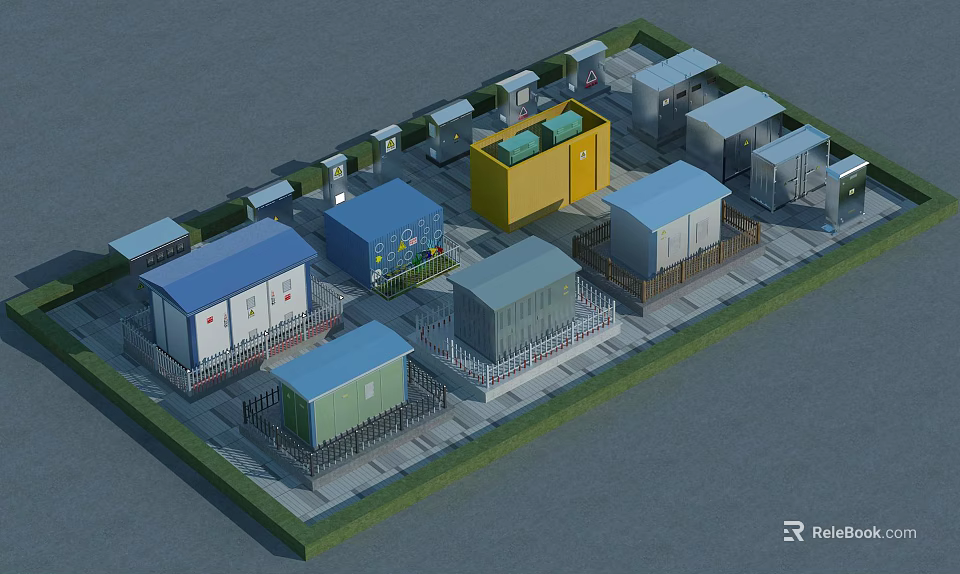 Colorful Modular Temporary Facilities With Fenced Area And Multiple Containers 3d model 