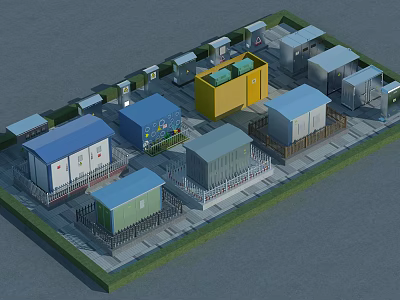 Colorful Modular Temporary Facilities With Fenced Area And Multiple Containers 3d model