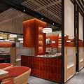 Modern Mall Restaurant Interior With Orange Walls Wooden Counter Hanging Lights Tables And Chairs