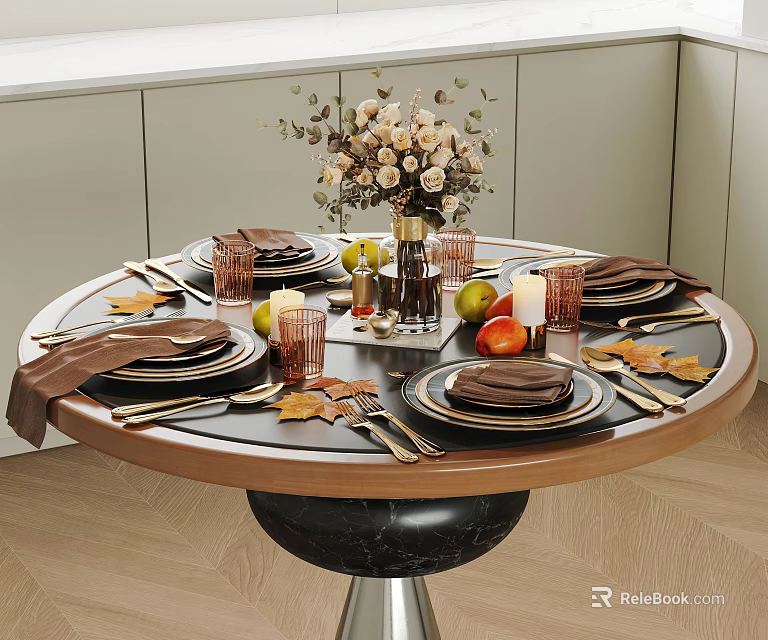 Elegant Dinnerware Set On Round Dining Table With Flower Bouquet Fruits Candles And Leaves 3d model 