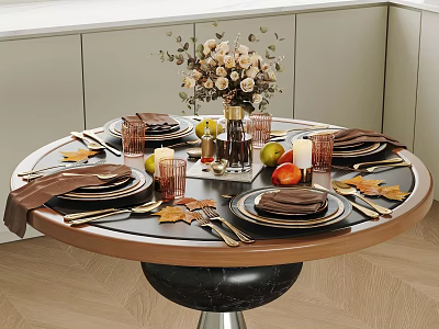 Elegant Dinnerware Set On Round Dining Table With Flower Bouquet Fruits Candles And Leaves 3d model