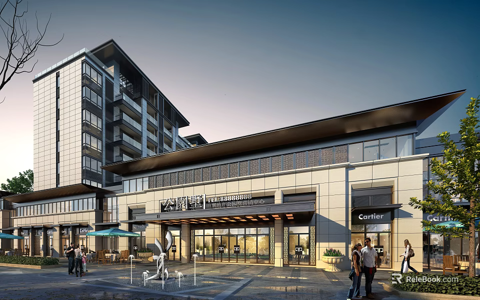 Active Commercial Street With Modern Architecture Pedestrians Storefronts And Outdoor Seating Areas 3d model 