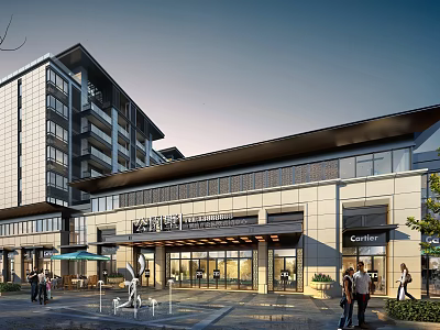 Active Commercial Street With Modern Architecture Pedestrians Storefronts And Outdoor Seating Areas 3d model
