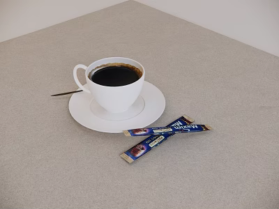 White Cup With Black Coffee On Saucer And Chocolate Bars On Tablecloth 3d model