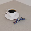 White Cup With Black Coffee On Saucer And Chocolate Bars On Tablecloth