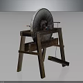 Traditional Stone Mill Equipment with Circular Grinding Disc on Wooden Stand and Metal Handle