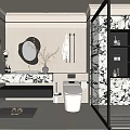 Modern Minimalist Bathroom Interior Design With Round Mirror Vanity And Patterned Shower Area 3d model
