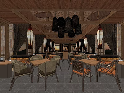 Cozy Restaurant Interior With Wooden Ceiling Black White Pendant Lights Stone Walls And Tables Chairs 3d model