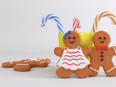 Festive Yellow Cup With Colorful Candy Canes And Gingerbread Men Decorations 3d model