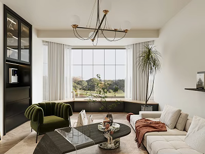 Modern Living Room With Large Windows Chandelier And Cozy Furniture 3d model