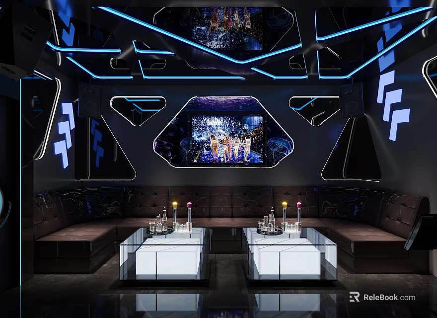 Modern Sci-Fi KTV Lounge Interior With Neon Lighting Sofas Coffee Tables And Large Screen 3d model
