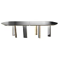 Sleek Modern Dining Table Featuring Oval Dark Wood Top And Gold Black Metal Legs Design