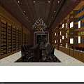 Elegant Club Interior With Long Dining Table Leather Chairs Chandelier and Wine Racks